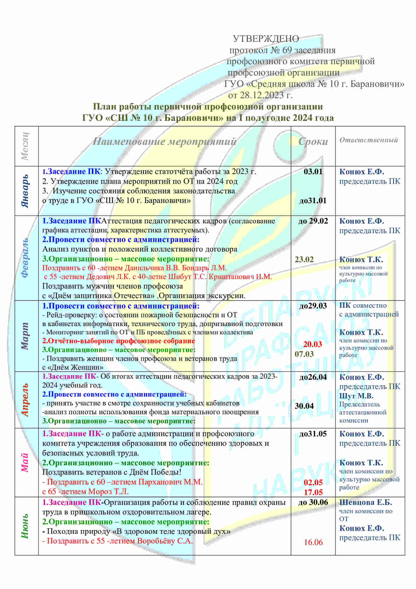 План работы на 1-е полугодие 2024 года © Средняя школа № 10 г. Барановичи